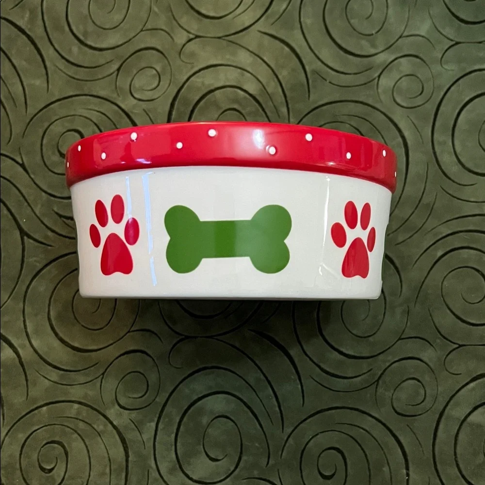 Red and White Dog Bowl with Green Bone Design